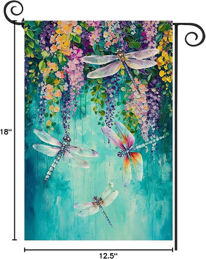 Baccessor Spring Summer Floral Garden Flag Double Sided 12.5 x 18 Inch Burlap with Clip and Stopper,Wisteria Dragonfly Welcome Flag Front Yard Lawn Seasonal Farmhouse Outside Outdoor Decoration