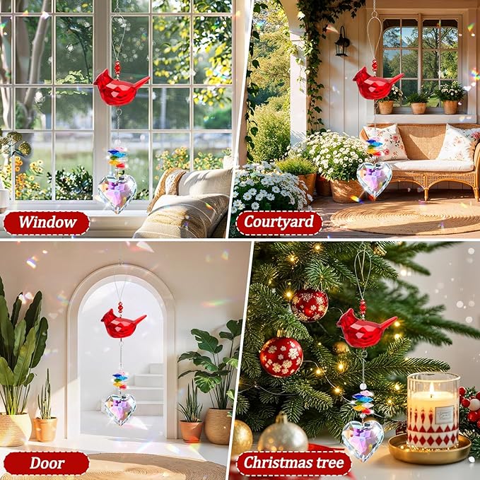 Red Cardinal Bird Window Sun Catcher – Valentines Day Handmade Bird Lover Window Hanging Décor with Suction Cups for Home & Garden - Memorial Cardinal Gifts for Women, Mom,Grandma (C)