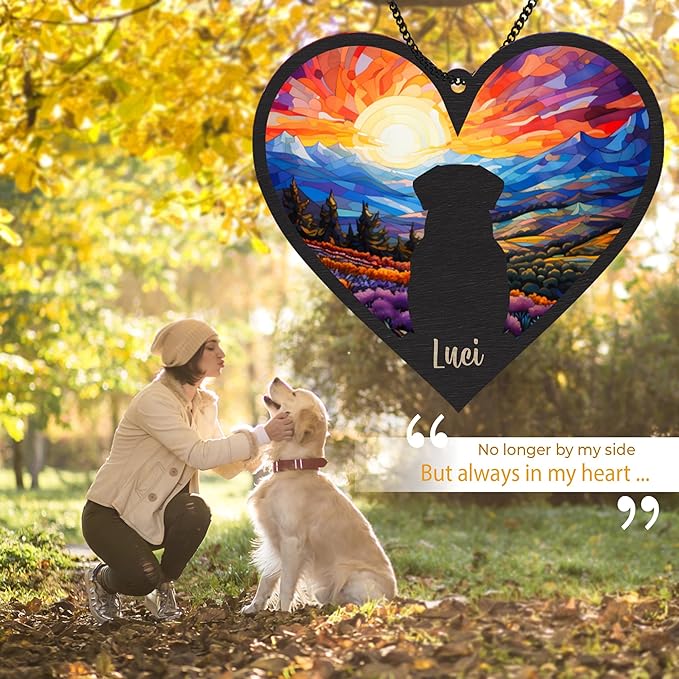 Personalized Dog Memorial Suncatcher, Heart Shape Custom Name Sympathy Ornament Window Car Hanging, Loss of Pet Death, in Loving Memory Gift, Dog Ornaments by Breed for Pet Lovers