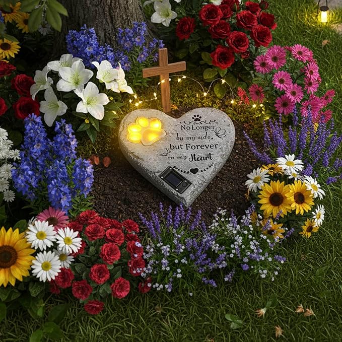 Pet Memorial Stone Solar Lighted Glowing Paw Print Heart Statue with Forever in My Heart Engraved, Pet Headstones for Dogs Cats Waterproof Resin Loss of Dog Sympathy Gift, 10 Inch