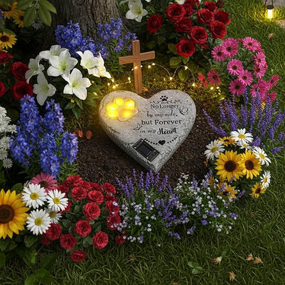 Pet Memorial Stone Solar Lighted Glowing Paw Print Heart Statue with Forever in My Heart Engraved, Pet Headstones for Dogs Cats Waterproof Resin Loss of Dog Sympathy Gift, 10 Inch