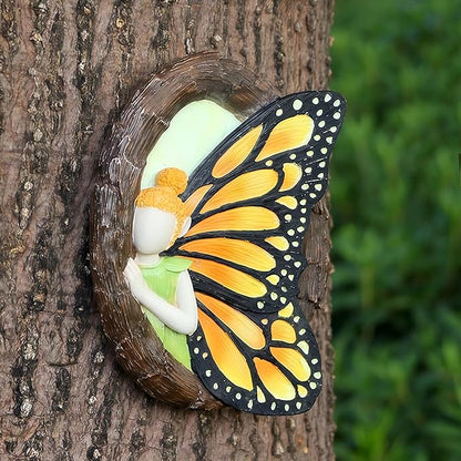 Fairy Out The Window Tree Hugger Garden Statue, Glow in The Dark Resin Fairy Figurine Wall Art Sculpture Outdoor Tree Faces Decor for Patio Lawn Yard Ornaments (Yellow)