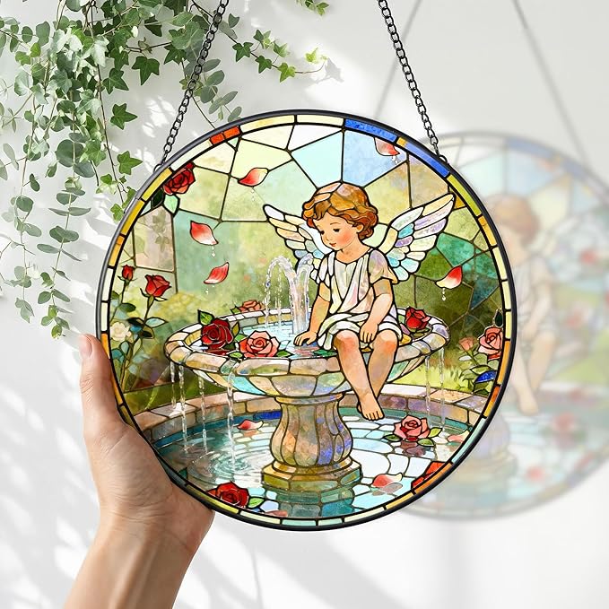 7.9 Inch Angel and Fountain Stained Glass Sun Catcher Christian Stained Glass Window Hanging Religious Sun Catcher Gifts for Mother Wall Room Decor Cottage Core Decor Decorations