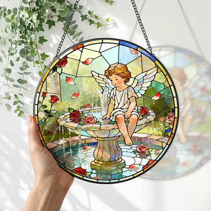 7.9 Inch Angel and Fountain Stained Glass Sun Catcher Christian Stained Glass Window Hanging Religious Sun Catcher Gifts for Mother Wall Room Decor Cottage Core Decor Decorations