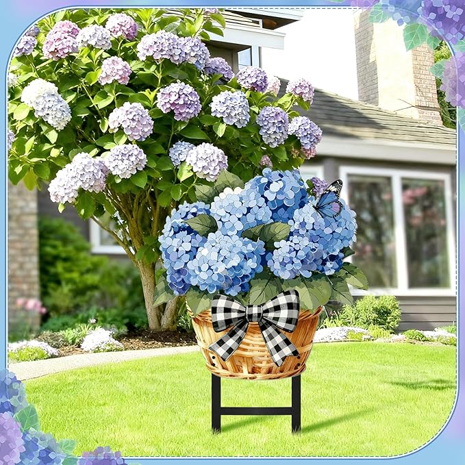 1 Pcs Spring Metal Hydrangea Garden Stakes Decor 22 Inch Decorative Purple Hydrangea Yard Stake Outdoor Floral Decor Metal Garden Art Ornaments for Patio Porch Lawn Backyard