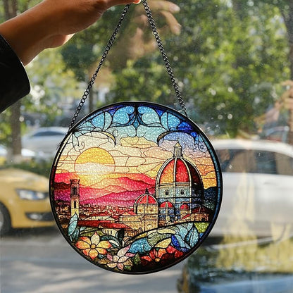 7.88'' Stained Glass Window Hanging, Church Sunset Suncatcher Stained Glass Panel with Hook Chain for Window, Religious Sun Catchers Decor Mother's Day Birthday for Women, Men, Wife, Aunt, and Mom