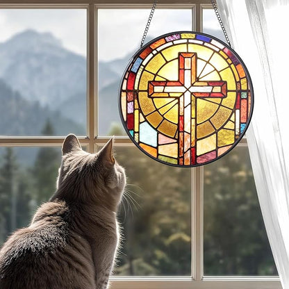 Stained Glass Suncatcher, 7.9 Inch Stained Glass Window Hanging Faith Cross Sun Catcher, Window Hanging Ornament Garden Decor Modern Farmhouse Decoration Catholic Gifts Religious Gifts