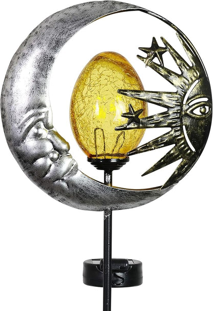 Exhart Garden Stake, Sun and Moon Solar Garden Sculpture, LED Amber Crackle Glass Orb, Silver Metal Outdoor Lawn Decor and Yard Art, 8.5 x 3 x 38 Inch