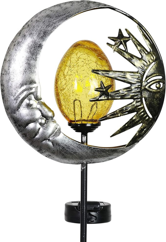Exhart Garden Stake, Sun and Moon Solar Garden Sculpture, LED Amber Crackle Glass Orb, Silver Metal Outdoor Lawn Decor and Yard Art, 8.5 x 3 x 38 Inch