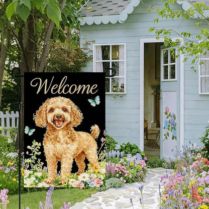 IVN Summer Poodle Dog Garden Flag 12x18 Inch Welcome Poodle Butterflies Wildflowers Double Sided Yard House Flag Seasonal Outdoor Decoration for Outside Home Front Door Lawn Porch Patio Spring Decor