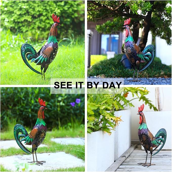 Solar Rooster Statue Light Outdoor, 18" Metal Yard Art Rooster Figurines(Retro Rooster).