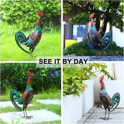 Solar Rooster Statue Light Outdoor, 18" Metal Yard Art Rooster Figurines(Retro Rooster).