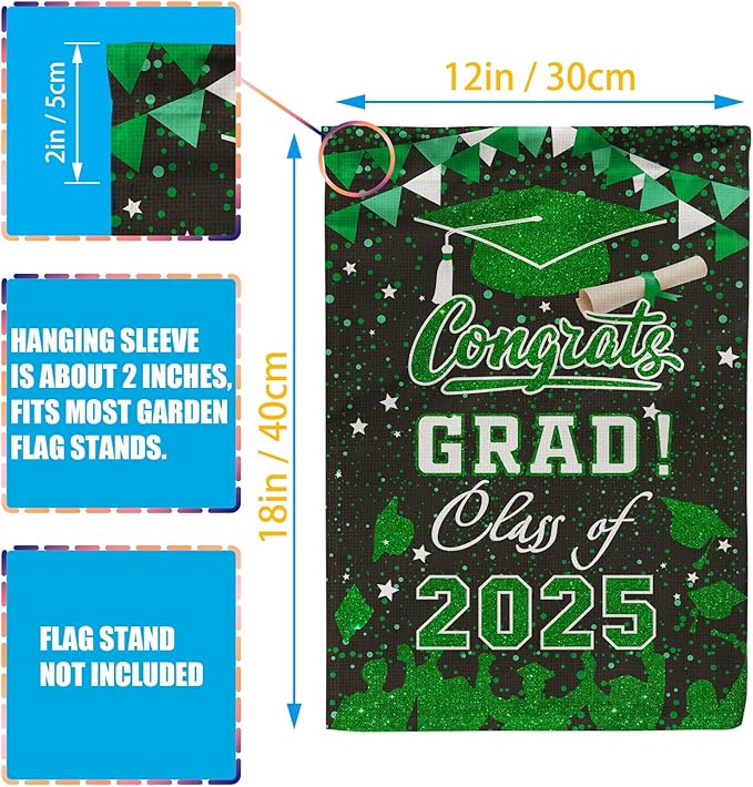 Graduation Garden Flag Class of 2025, Green Congrats Grade Flag for Outside Party Hanging Decorations 12x18 Inch Burlap