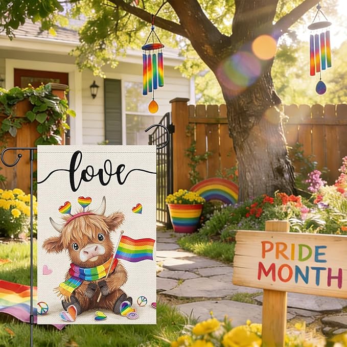 Heyfibro Love Cute Highland Cow Pride Garden Flag 12x18 Double Sided Burlap, Rainbow Heart Pattern Gay Lesbian LGBT Pansexual Yard Banner for Pride Month Outdoor Decoration (ONLY FLAG)