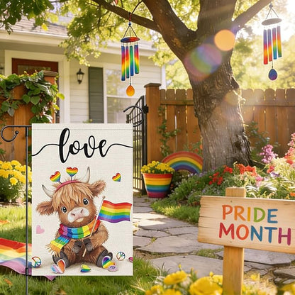 Heyfibro Love Cute Highland Cow Pride Garden Flag 12x18 Double Sided Burlap, Rainbow Heart Pattern Gay Lesbian LGBT Pansexual Yard Banner for Pride Month Outdoor Decoration (ONLY FLAG)