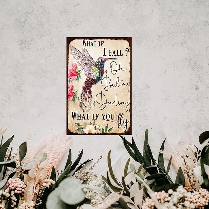Bird Tin Sign Flower Metal Poster Vintage, What if You Fly, Wall Art Decor Gifts for Home Bar Kitchen Restaurant Bedroom Garden Plaque 8x12 Inch