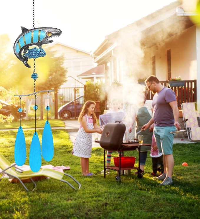 CoTa Global Shark Wind Chime - Handmade Glass and Metal Chime - Ocean Life Hanging Decor - Colorful Home Decor Gift, Indoor and Outdoor Hanging Decoration for Porch, Patio, and Garden - 27 Inches