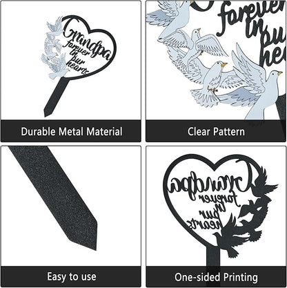 BUoonyer Stake Graves Cemetery Decorations - Grandpa Metal Memorial Grave Markers, Grandfather Heart Graveyard Sympathy Plaque, Dove Remembrance Graveside Burial Decor Sign for Outside Yard Garden