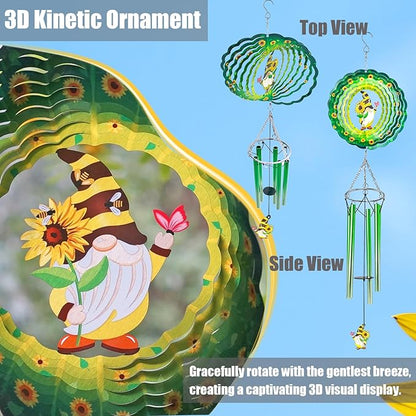 Wind Chimes with Sunflower Gnome 3D Display Wind Spinner for Outside Garden Patio Yard Decor, Metal Decorative Windchime Outdoor Hanging Gift for Mom Women Wife, for Christmas, Birthday
