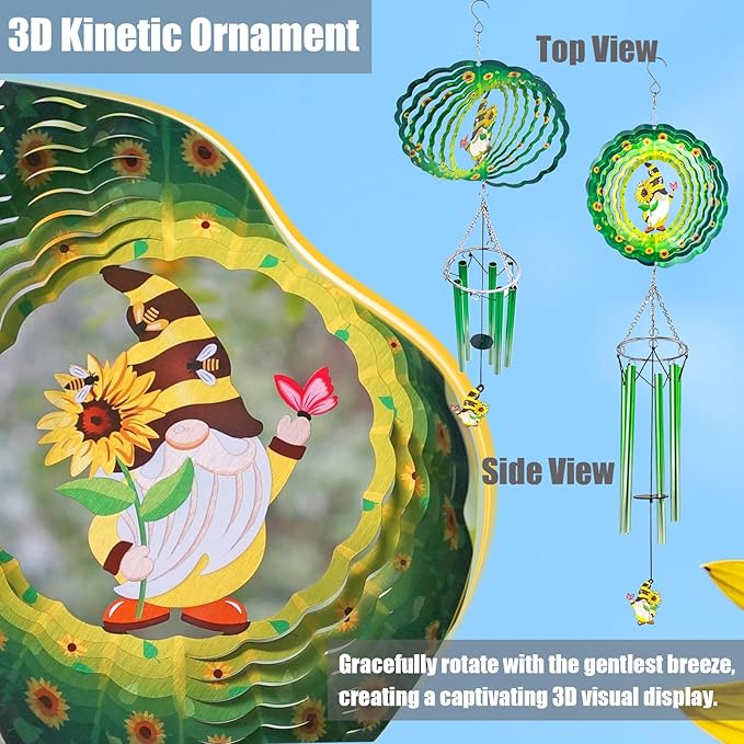 Green Cute Sunflower Gnome Wind Chime 3D Display Wind Spinner Birthday Memorial Gift Metal Decorative Wind Chimes for Yard, Garden, Backyard and Patio Outside Outdoor Decoration