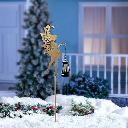 Solar Fairy Garden Decor, Outdoor Metal Fairy Statues with Stakes, Waterproof Garden Ornament for Patio, Lawn, Yard, Housewarming Gift for Gardening Mom & Grandma