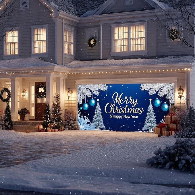 IVN Christmas Garage Door Cover Decoration 13x6ft Snowy Night Trees with Ornaments Blue Holiday Christmas Garage Door Banner Home Door Front Yard Decor for Xmas Eve Holiday Outdoor