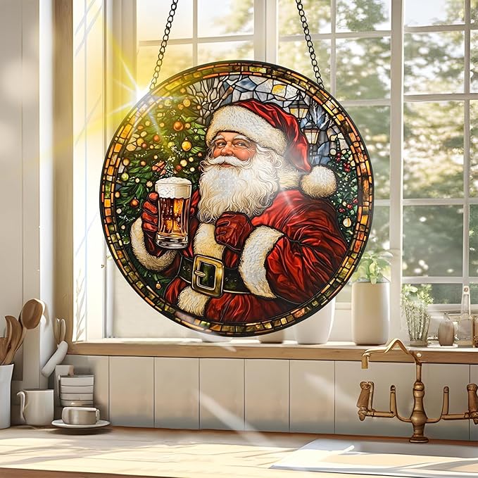 VAIIEYO Christmas Sun Catcher Stained Glass Window Hanging Ornament, Handmade Sun Catcher Santa Claus Decoration with Hooks for Window Garden Home, Christmas & Birthday Housewarming Gift (7.8 inch)