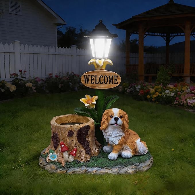 Solar Garden Statue with Planter & Solar Lantern, Outdoor Resin Animal Sculpture, Waterproof Yard Lawn Decor Pot for Succulents, Front Porch Ornament Housewarming Gift (King Charles Spaniel)