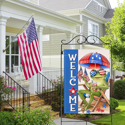 Artofy Welcome 4th of July Frog Large Decorative House Flag, Patriotic Beach Chair Sunshade America Yard Garden Outside Decor, Coastal American USA Burlap Outdoor Home Decoration Double Sided 28 x 40