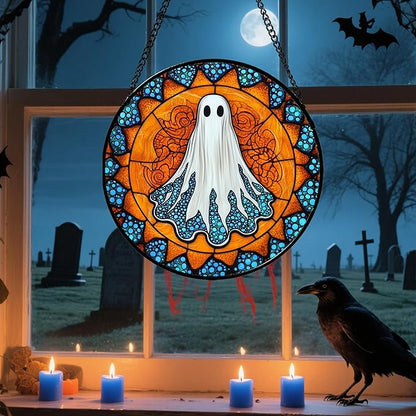 Stained Glass Window Hanging - Halloween Decorations White Ghost Suncatcher for Doors Garden Indoor Spooky Funny Blue Sun Catchers Gothic Decor Horror Gifts for Women Men Friend 11.8 in