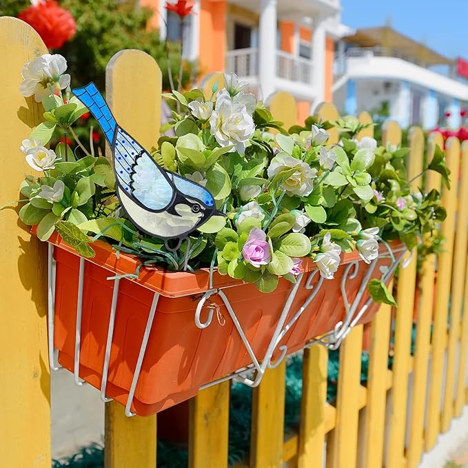 Geelin 1 Pc Stained Glass Blue Bird Suncatcher Flower Pot Decoration Metal Plant Pot Hangers Colorful Garden Yard Suncatcher Decor for Spring Home Indoor Outdoor Decor(Blue)