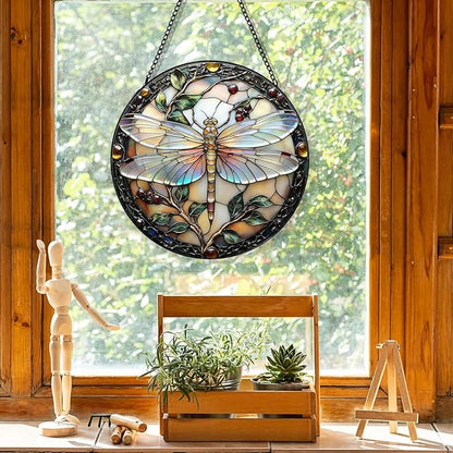 Stained Glass Window Hanging, Dragonfly Plant Suncatcher for Window Doors Garden Home Decoration, Colorful Glass Panel Ornaments for Women,Men,Wife, Lovers, and Mom 7.8x7.8 in