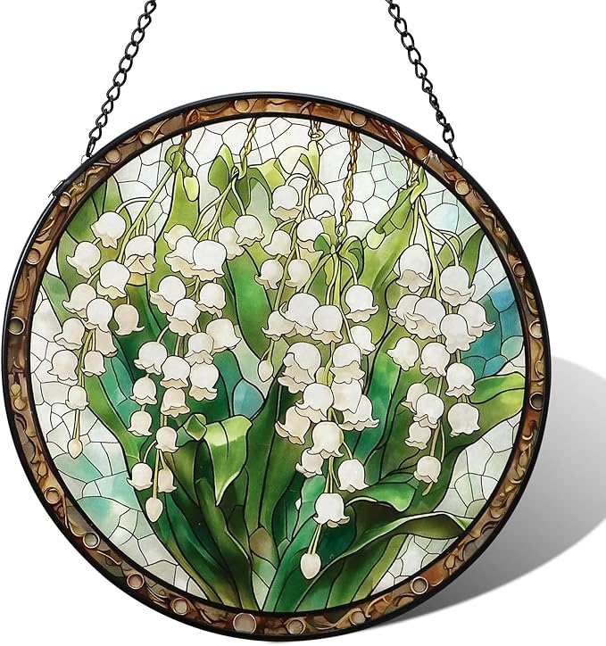 Stained Glass Window Hanging White Green Lily of The Valley 7.8 Inch Wildflowers Suncatcher Glass Panel Boho Window Decor with Chain Round Glass for Garden Wall Birthday Party Gifts