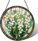 Stained Glass Window Hanging White Green Lily of The Valley 7.8 Inch Wildflowers Suncatcher Glass Panel Boho Window Decor with Chain Round Glass for Garden Wall Birthday Party Gifts