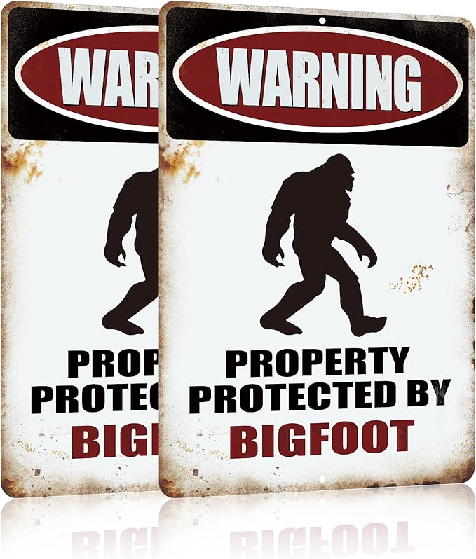 Yniaun Decor Vintage Bigfoot Decor Gifts, Funny Sasquatch Metal Tin Signs, Yard Forest Garage Garden Wall Decor - Warning Property Protected by Big foot 12 x 8 Inches Outdoor & Indoor (2pcs)