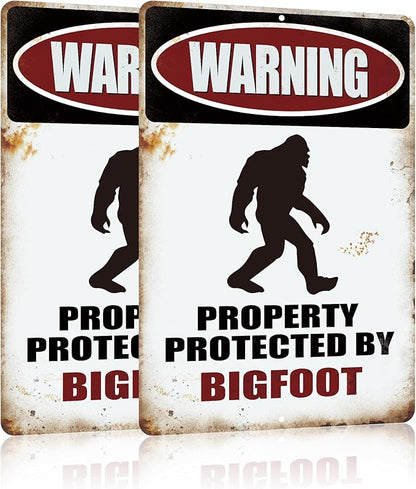Yniaun Decor Vintage Bigfoot Decor Gifts, Funny Sasquatch Metal Tin Signs, Yard Forest Garage Garden Wall Decor - Warning Property Protected by Big foot 12 x 8 Inches Outdoor & Indoor (2pcs)