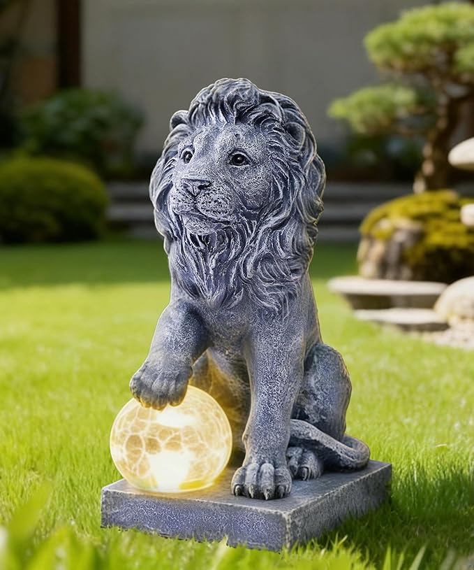 Nacome Guardian Lion Garden Decor: Outdoor Decoration Statue with Ball Lights for Yard Art Porch Patio Balcony - Unique Birthday Choice for Women Mom Lover(9.45in)