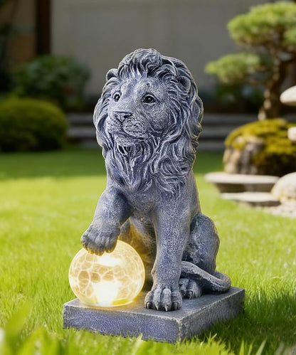 Nacome Guardian Lion Garden Decor: Outdoor Decoration Statue with Ball Lights for Yard Art Porch Patio Balcony - Unique Birthday Choice for Women Mom Lover(9.45in)