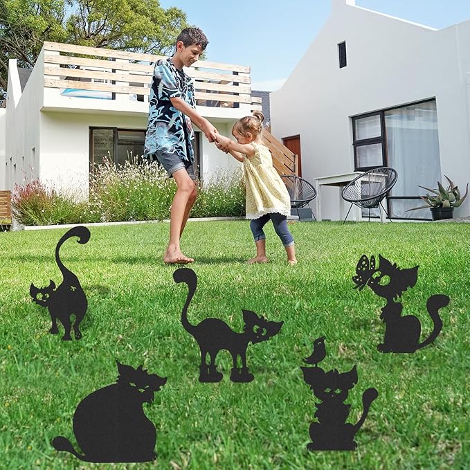 Cat Metal Garden Stakes - 5 Pcs Funny Cats Statues Outside Black Yard Art Ornaments Outdoor Silhouette Decor for Patio Lawn Pathway Halloween Christmas Birthday Gifts for Animal Lover
