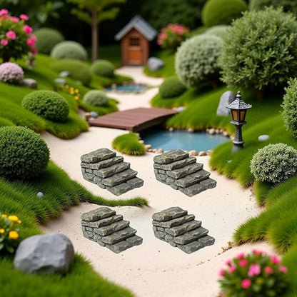 4 PCS Miniature Stone Steps Artificial Decor Craft Home Fairy Garden Flower Pot Miniature Bridge Ornament Garden Stairs Accessories Outdoor Statues