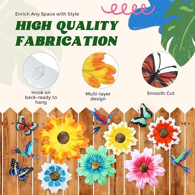 Colingmill 12 Pack Metal Flowers Butterfly Hummingbird Wall Art Decor 3D Metal Outdoor Wall Hanging Sculptures Decoration for Outdoor Garden Fence Yard Patio Indoor Living Room Balcony(Yellow)