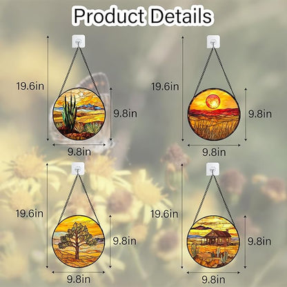 DASTOLL Stained Glass Window Hanging 4 Pcs Set Desert Sunset Theme Landscape 9.8" - Suncatcher Door Garden Sun Catcher Decor Birthday Christmas for Mom Woman Nana Men