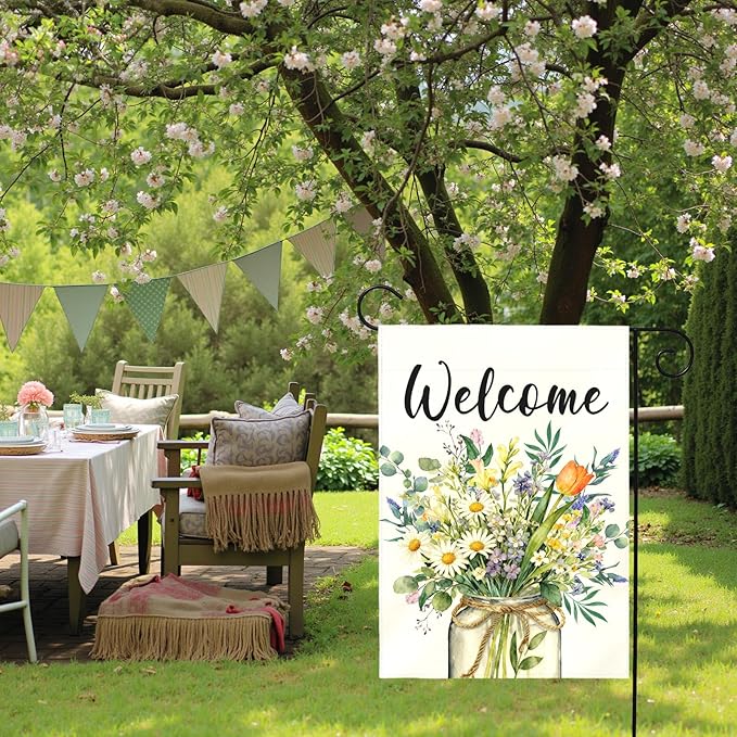 Spring Welcome Garden Flag Watercolor Wildflower Bouquet Mason Jar Floral Yard Flags Springtime Home Seasonal Bright Daisy Tulip Rustic Farmhouse House Banner Front Porch Outdoor 12×18 Inch