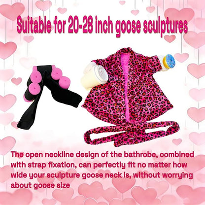 Lady Porch Goose Outfits, Spring Summer Goose Clothes Costume with Pink Leopard Bathrobe for 23/28" Lawn Cement Geese for Garden