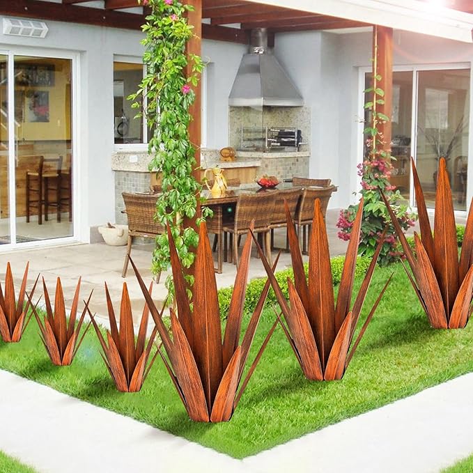 KODIBO Metal Agave Plants, Tequila Rustic Sculpture, Metal Yard Art, Outdoor Lawn Ornaments Yard Stakes (Rusty- L)
