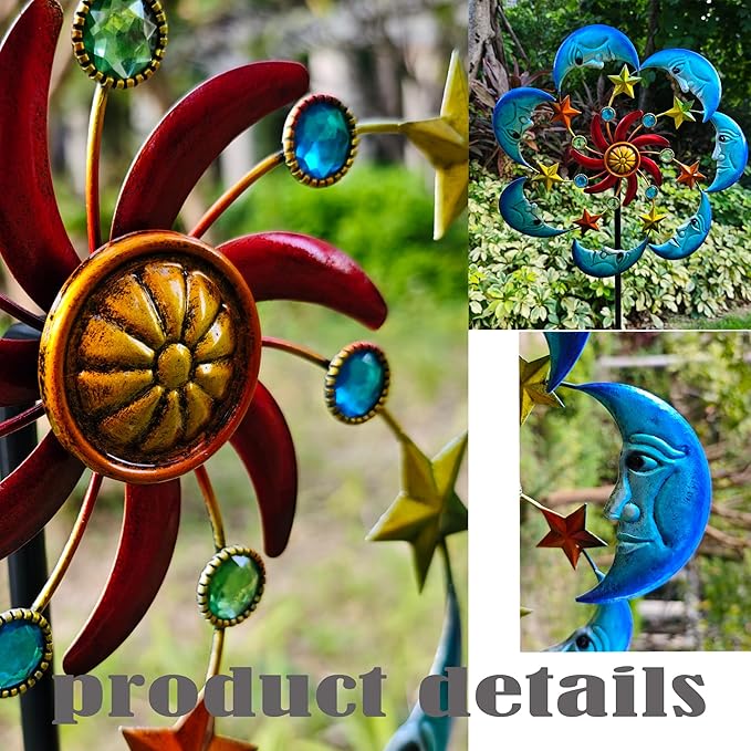 Moon Sun 58-Inch Metal Wind Spinner with Stake for Garden, Yard, Lawn and Patio Decor