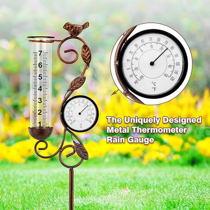 32" Garden Rain Gauge with Thermometer - 7" Glass Tube for Outdoor Indoor Use, Patio Yard Decor Statue