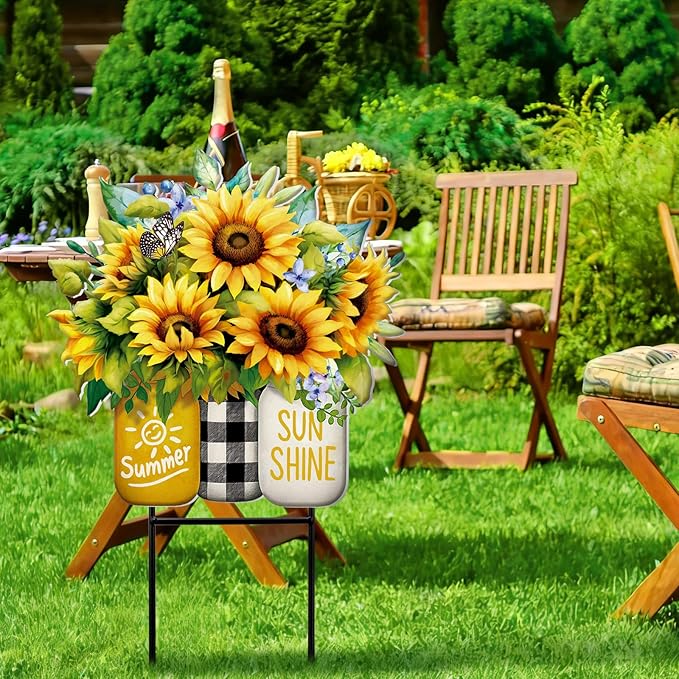 Amyhill Summer Sunflower Outdoor Decor Metal Garden Stakes 25 Inch Summer Welcome Yard Signs Decorations Outdoor Sunflower Decorative Garden Stakes Patio Lawn Walkway Backyard Porch Decorations