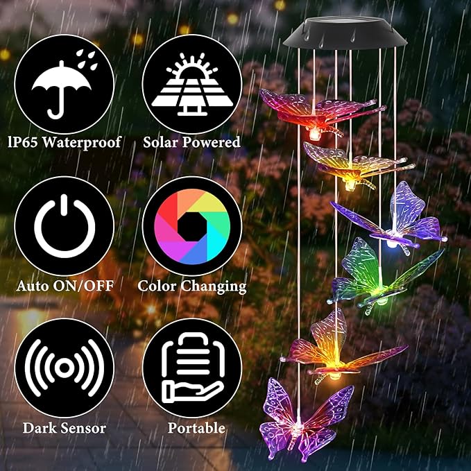 Colorful Solar Butterfly Wind Chimes for Outside Birthday Gifts for Mom Women Changing Waterproof Lights LED Wind Chime Outdoor Decor for Garden Lawn Patio Yard