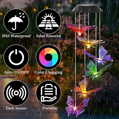 Colorful Solar Butterfly Wind Chimes for Outside Birthday Gifts for Mom Women Changing Waterproof Lights LED Wind Chime Outdoor Decor for Garden Lawn Patio Yard